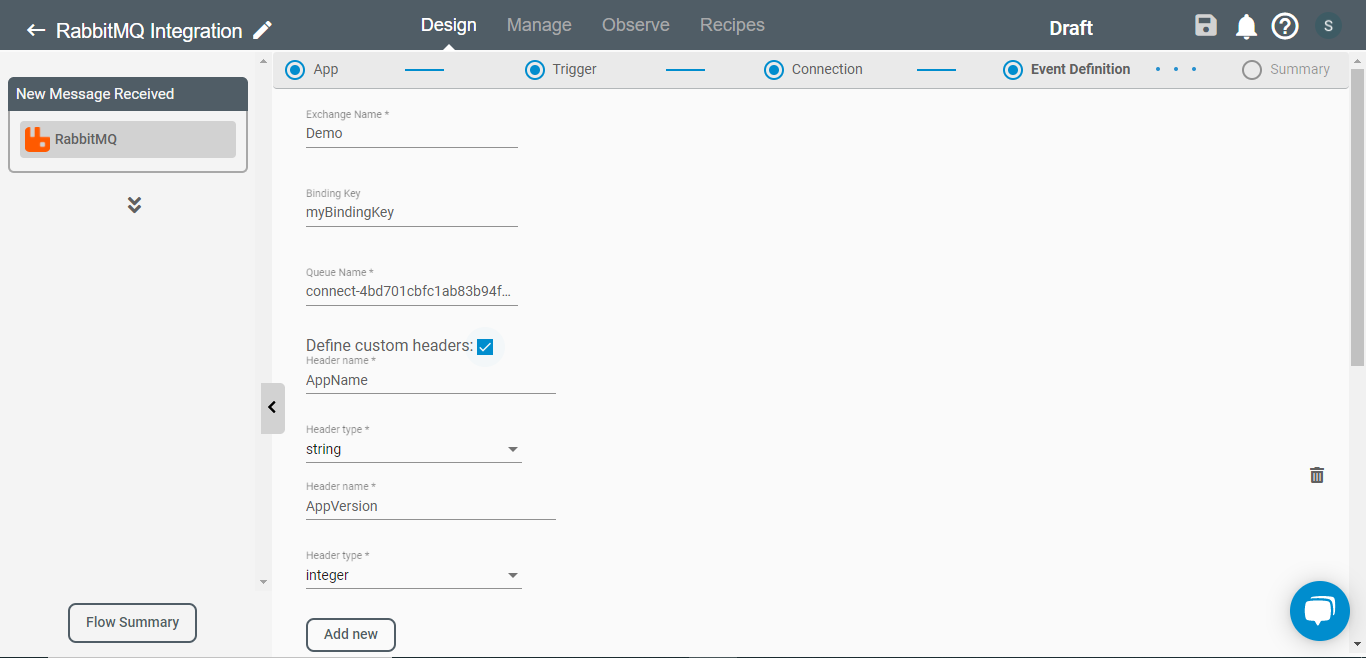 Defining Custom Headers in RabbitMQ trigger