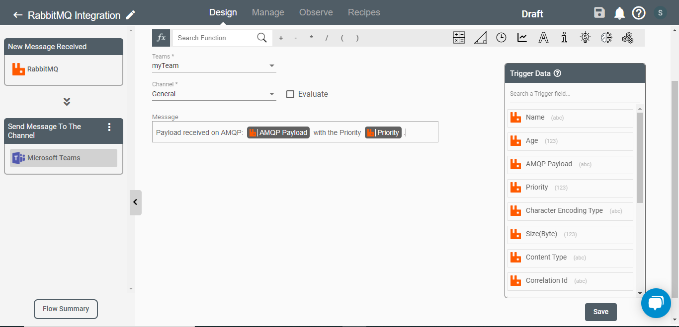 Data Mapping on Microsoft Teams using trigger data of RabbitMQ