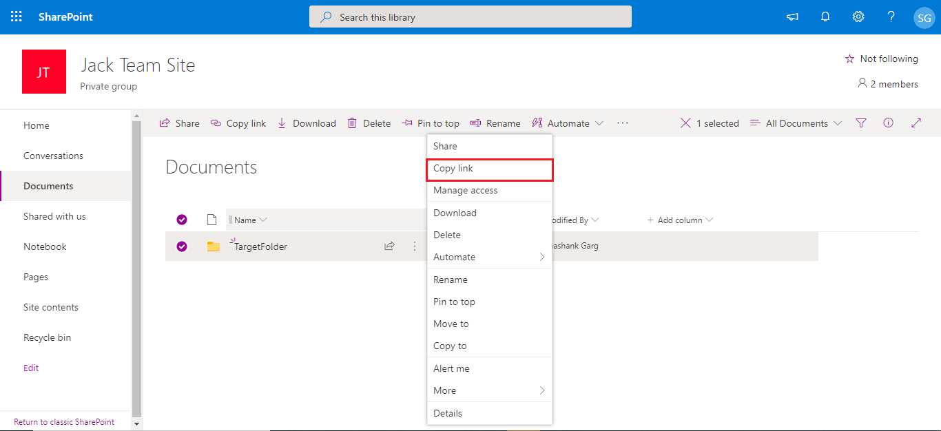 Copy Folder link on SharePoint