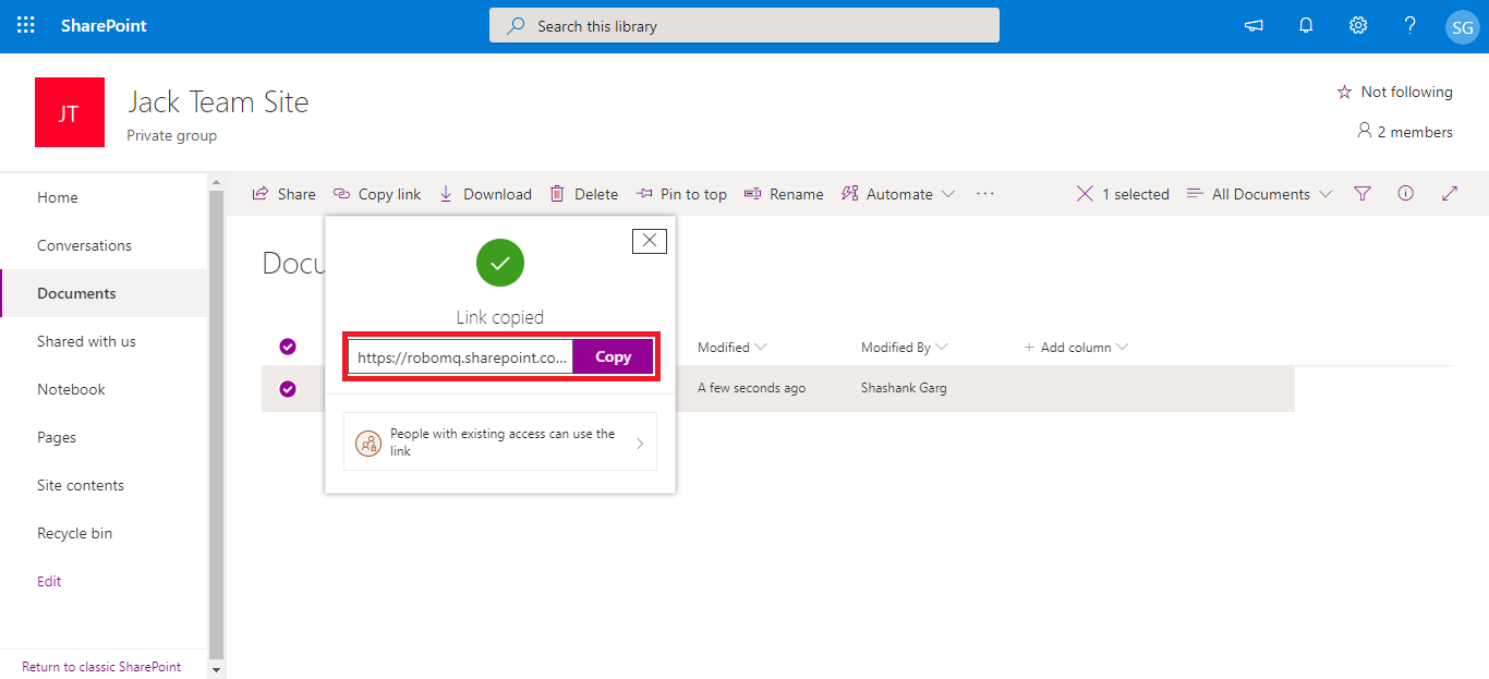 Copy Folder link on SharePoint