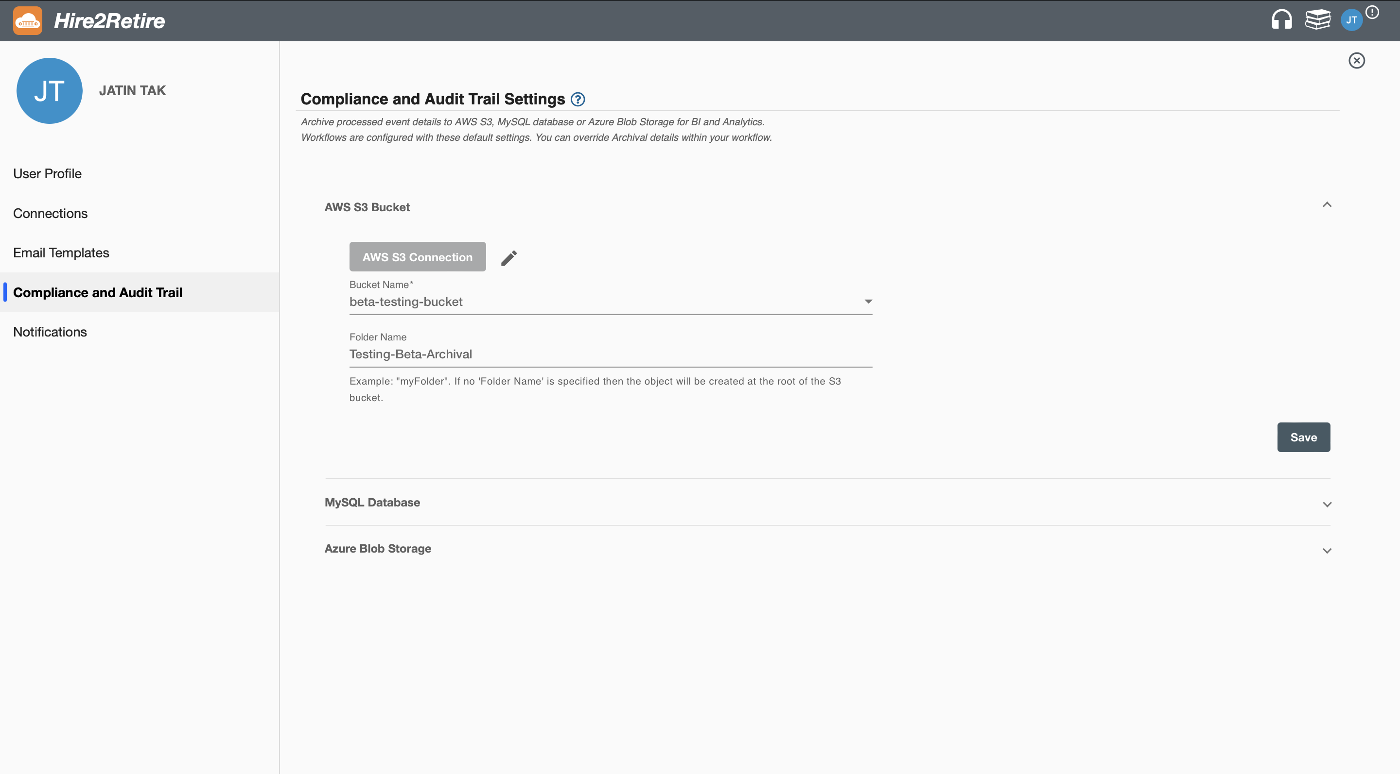 AWS S3 Archival setting page