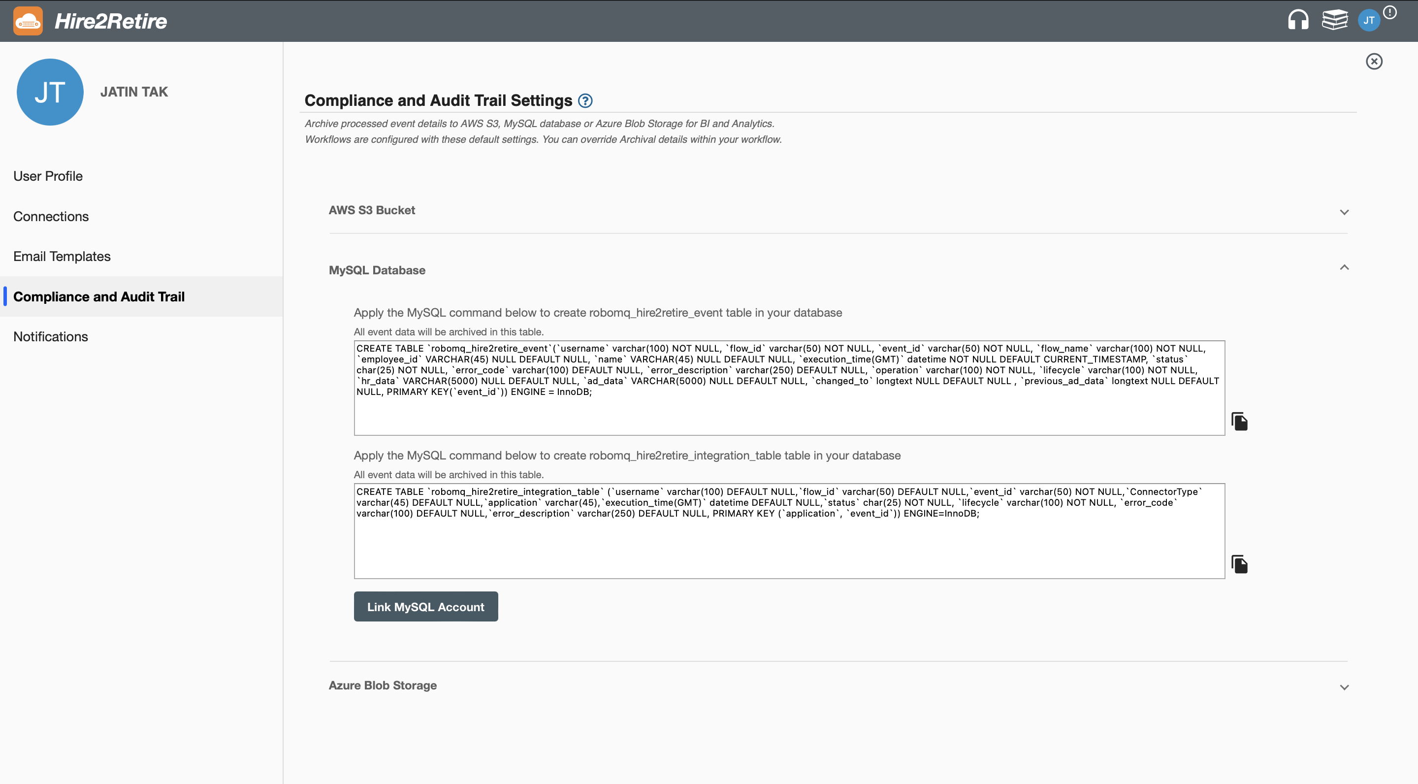 MySQL Archival setting page