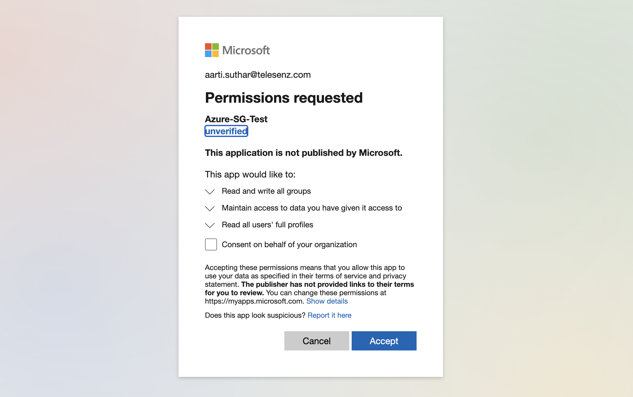 Permission requested from Microsoft Entra ID