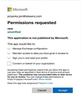 Permission requested from Microsoft Exchange Online