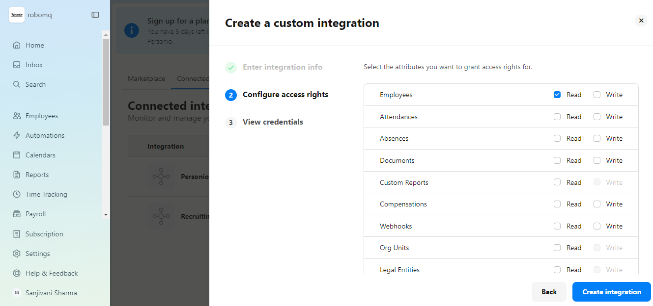 Permission in Custom Integration on Personio