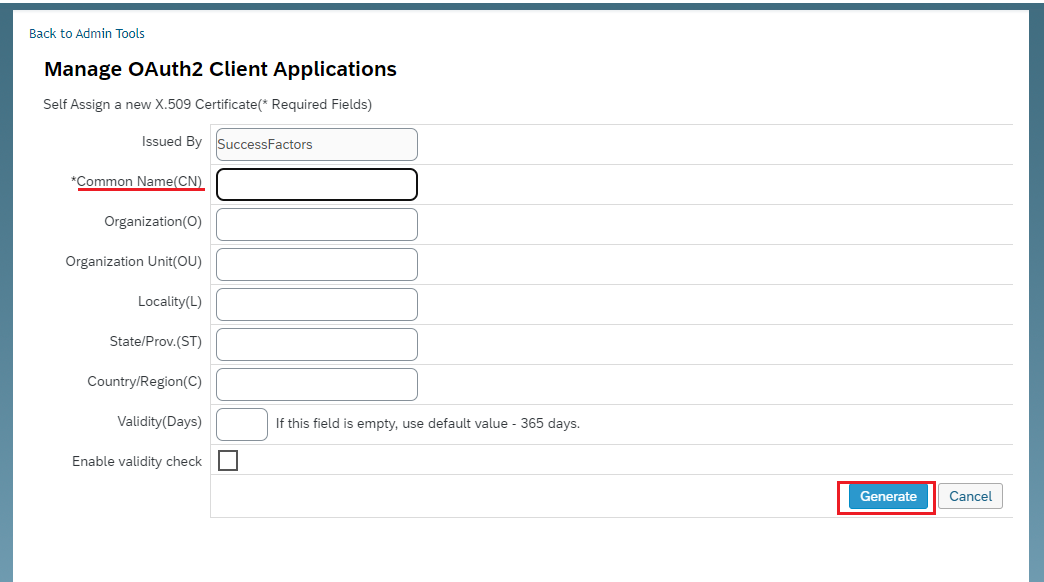 Enter Required Fields for Certificate