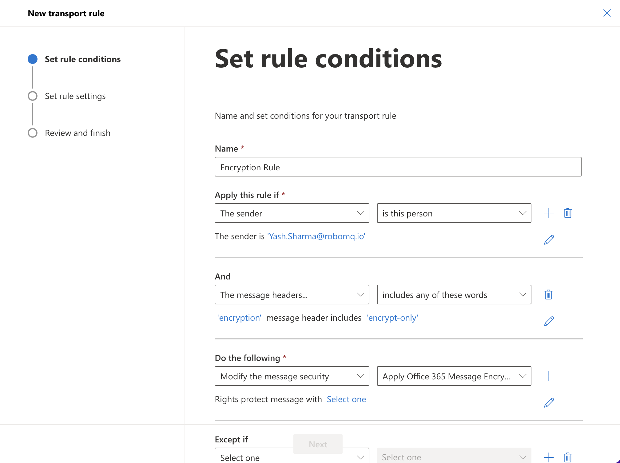 Configure Mail Flow Rule