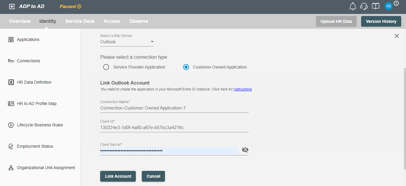 Outlook Customer Owned Application Connection