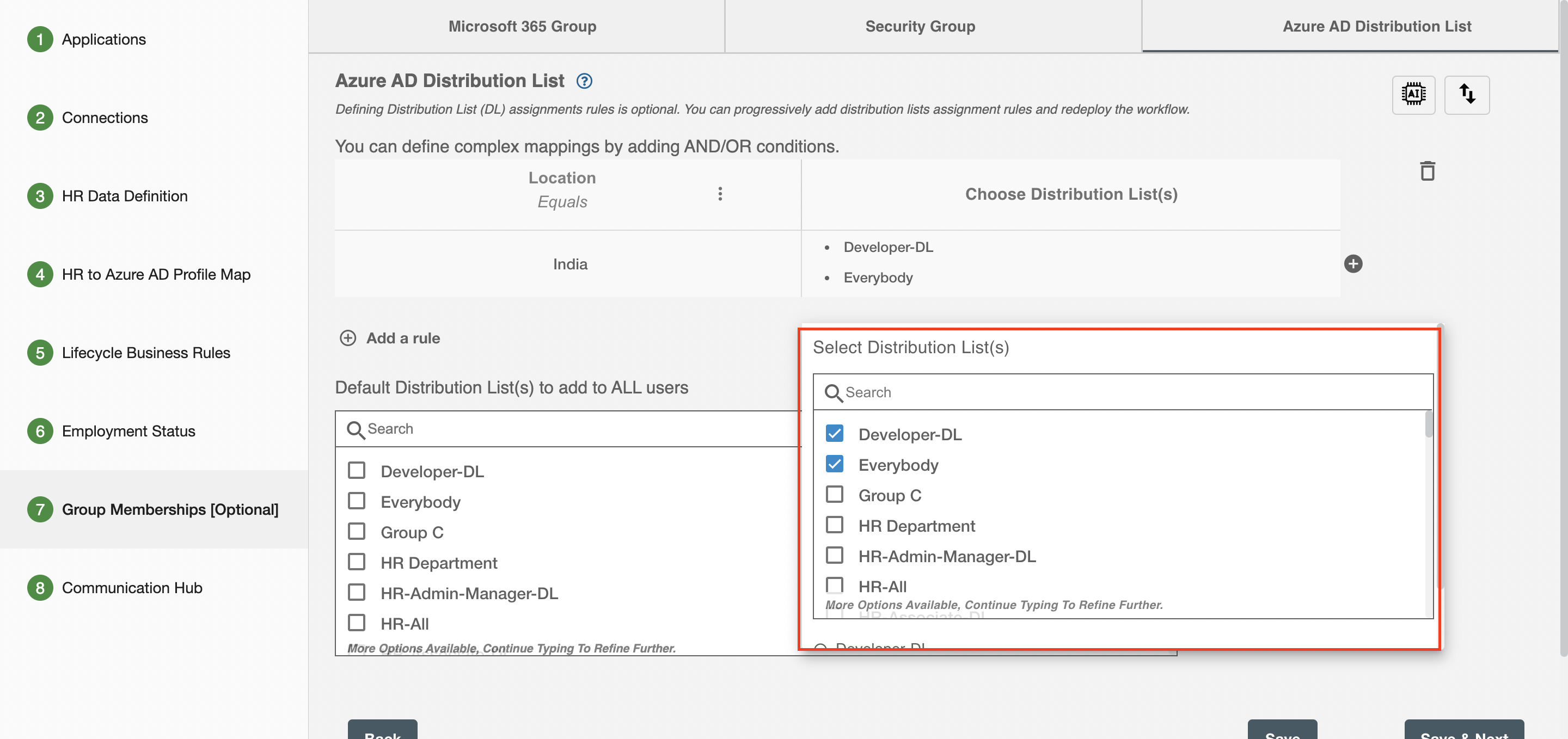 Azure AD Distribution List dropdown to select Azure AD Distribution List