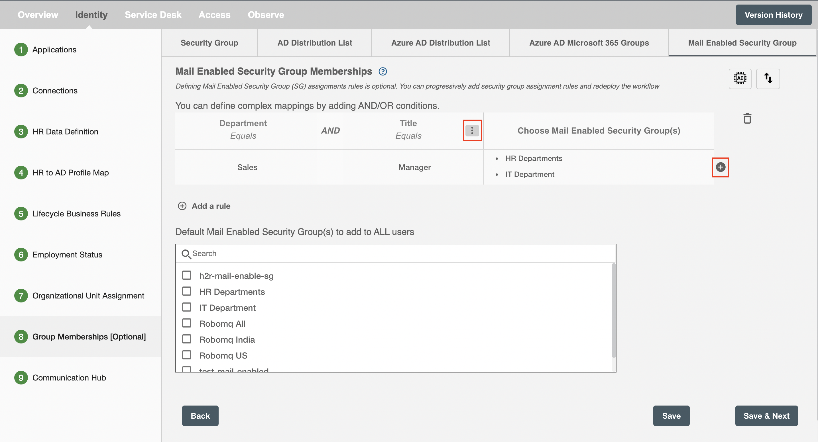 Mail Enabled Security Groups dropdown to select organizational unit