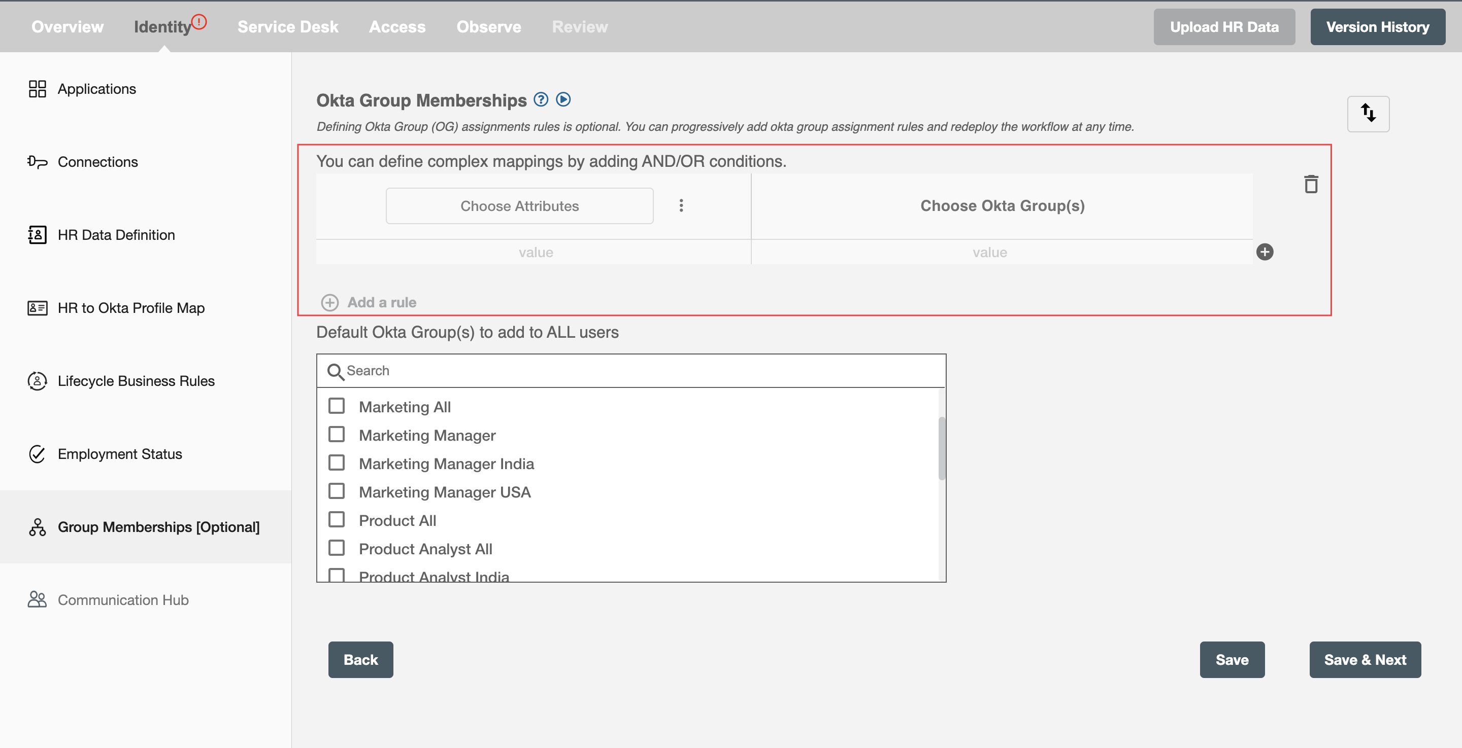 Define Okta Group Mapping Rule Form