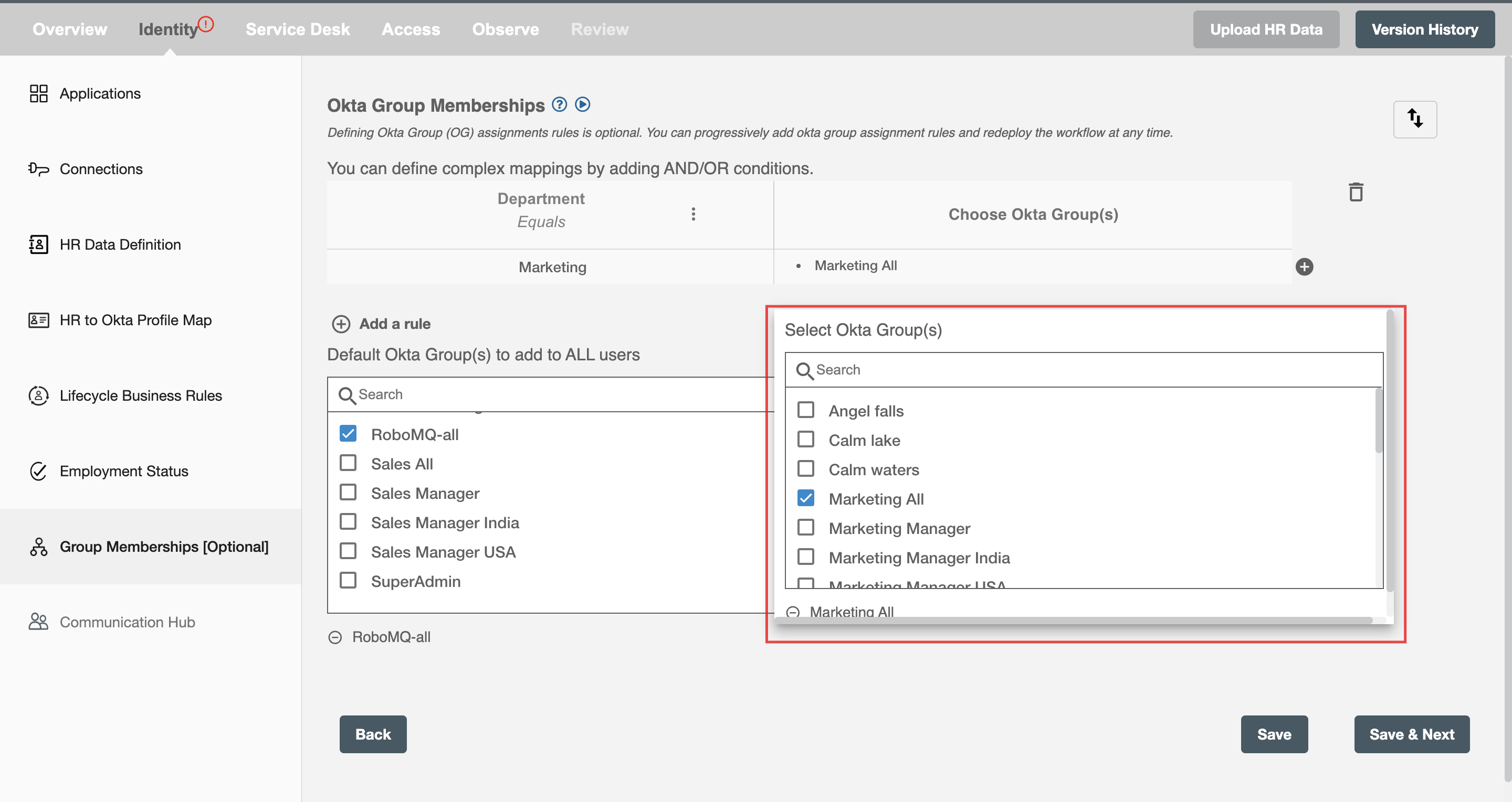 Okta Group dropdown to select okta groups