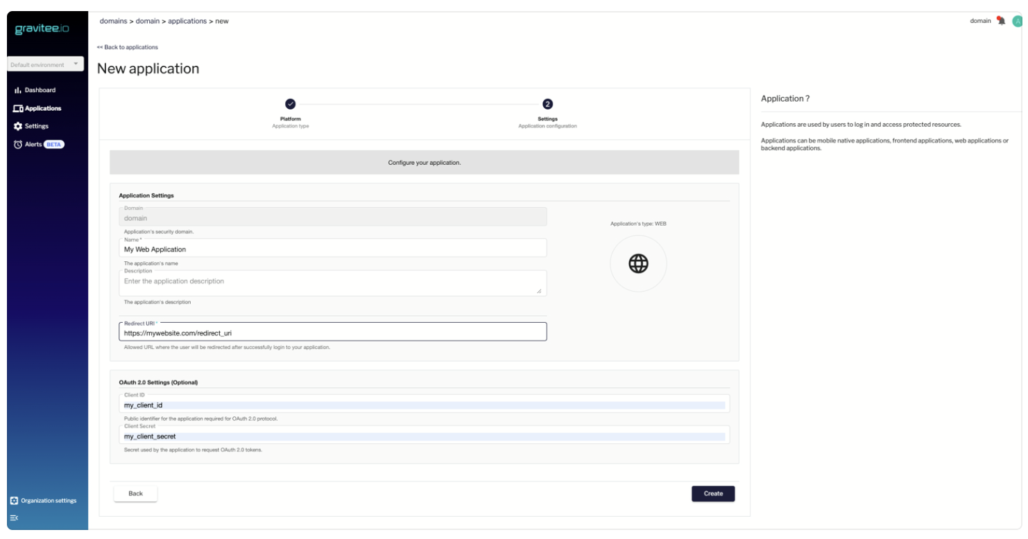 Gravitee application settings