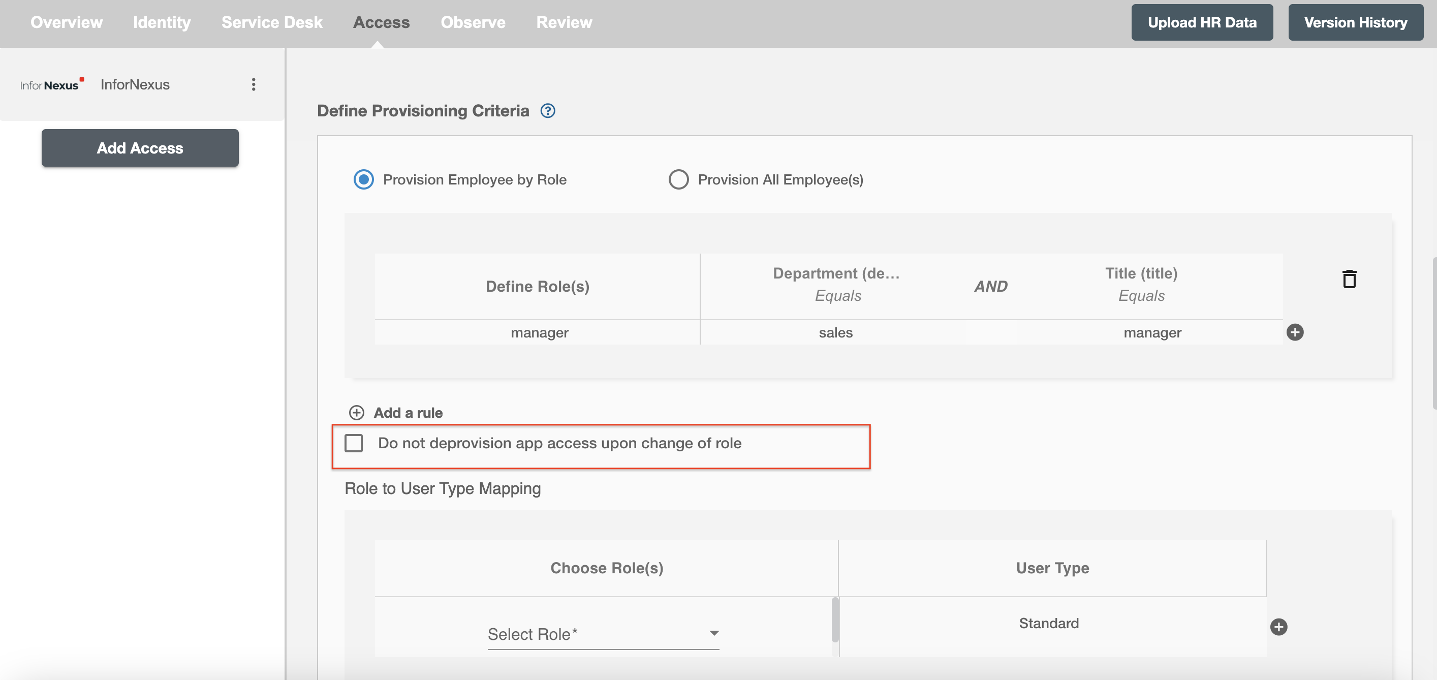 InforNexus ScimManager checkbox