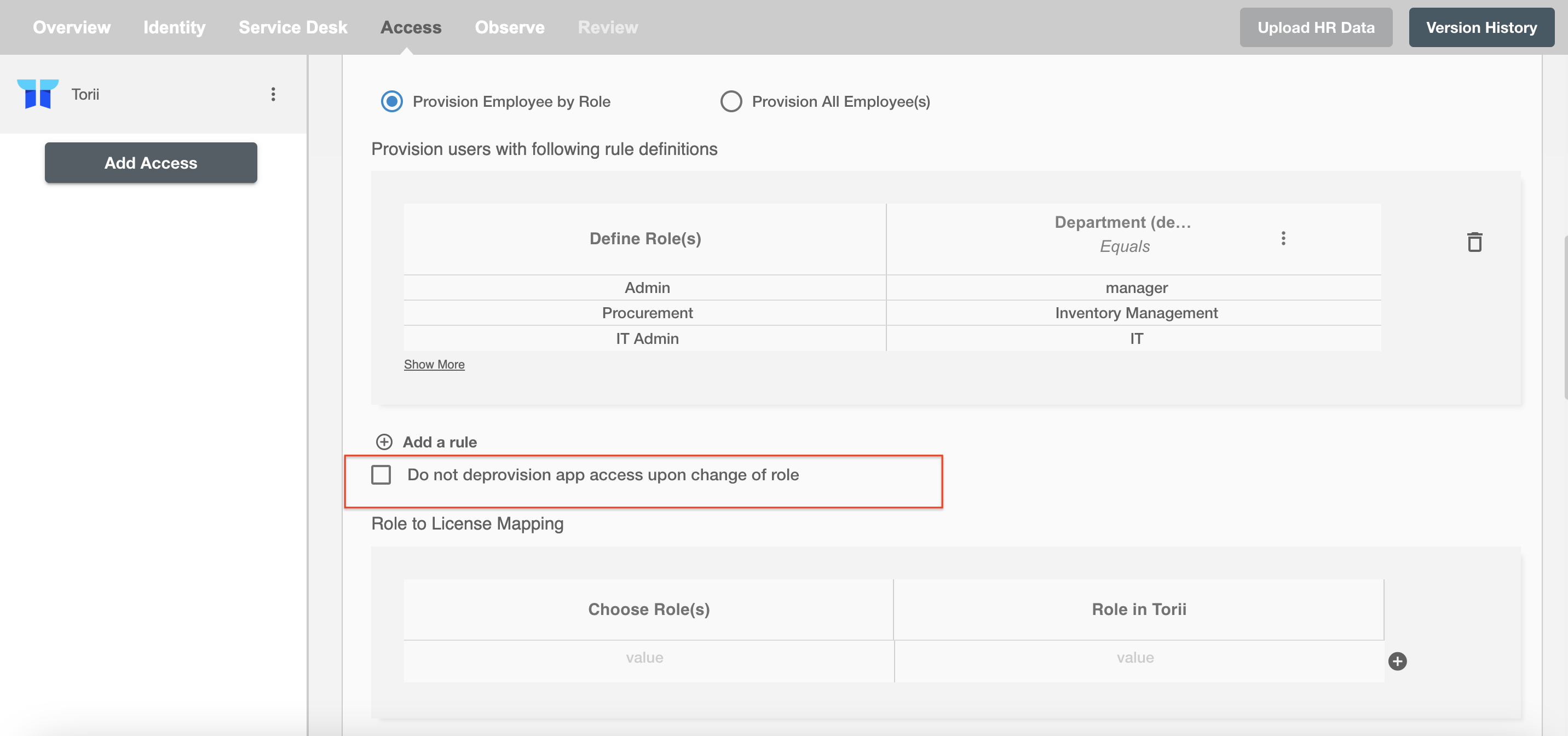 Torii ScimManager checkbox